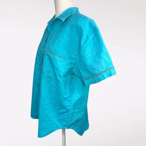 Vintage 90s Blue Button Up Shirt Eyelet Trim Boxy Fit Top Small