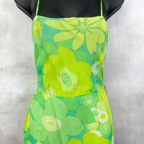Retro Floral Maxi Dress Womens XS/S Mod Hippie Disco 70s Style Funky Dopamine Green