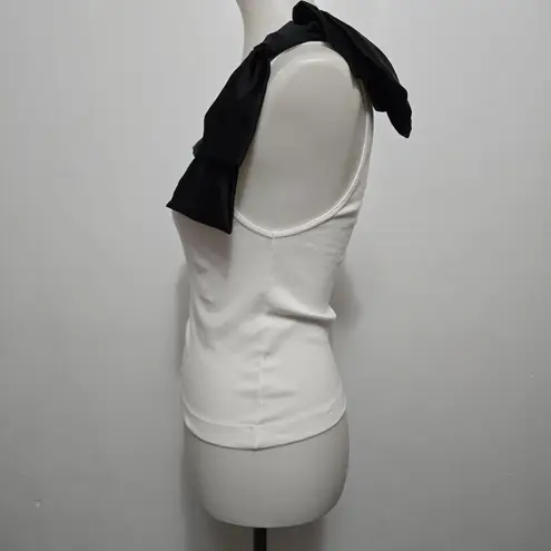 ZARA  White Asymmetrical Ribbed Top with Black Bow – Size Large - Image 4