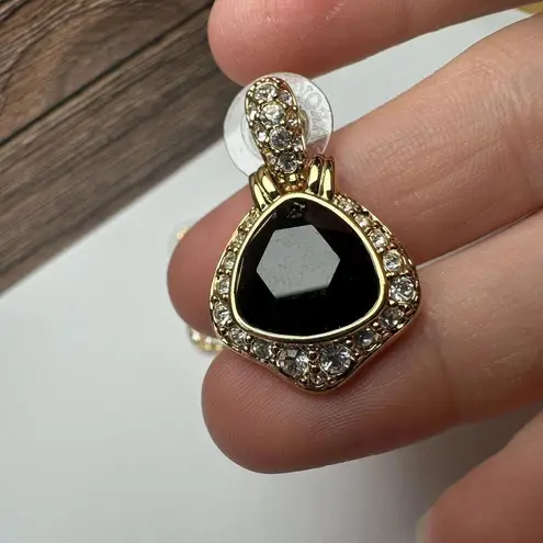 Swavorski Swarovski Swan Signed Crystal Black Clear Gold Tone Dangle Drop Pierced Earrings