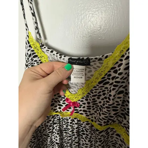 Vintage Y2K Black White Leopard Babydoll Lime Green Cami Mini Dress Women's MED