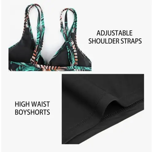 NWT ~ Women's Black & Green Tropical Tankini & Tummy Control Boy Shorts ~ XL