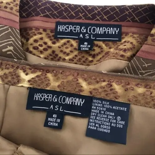 Kasper 100% Silk Skirt Suit Earth Toned Tribal Stripe Womens Size 6