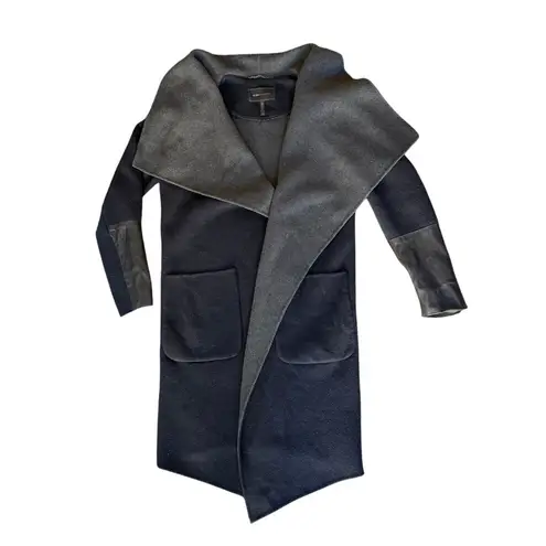 BCBGMAXAZRIA Wool Blend Open Front Coat with Leather Sleeve Detail Size S