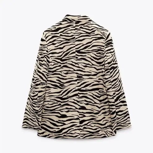 ZARA  Zebra Animal Print Beige Black Satin Double-Breasted Oversized Blazer Small