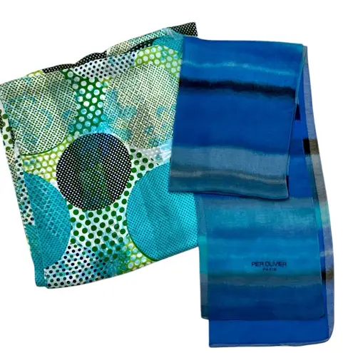 Bundle 2 Scarves, Pier Olivier Paris Blue & Green Polka Dot Mod Scarf Blue Green