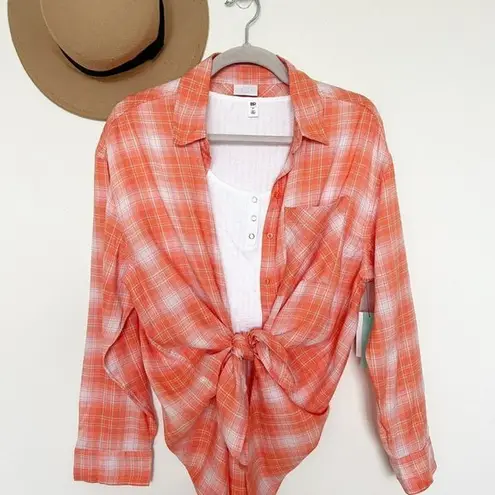 Abound Nordstrom Plaid button down shirt top SMALL long sleeve blouse orange white