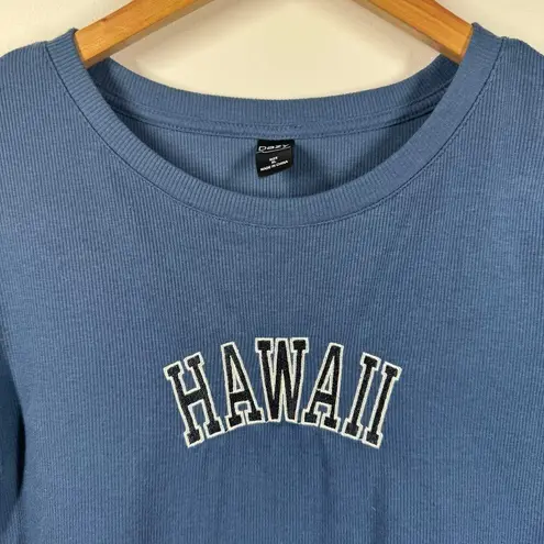 Dazy Top Women XL Blue Hawaii Graphic Embroidery Crop T