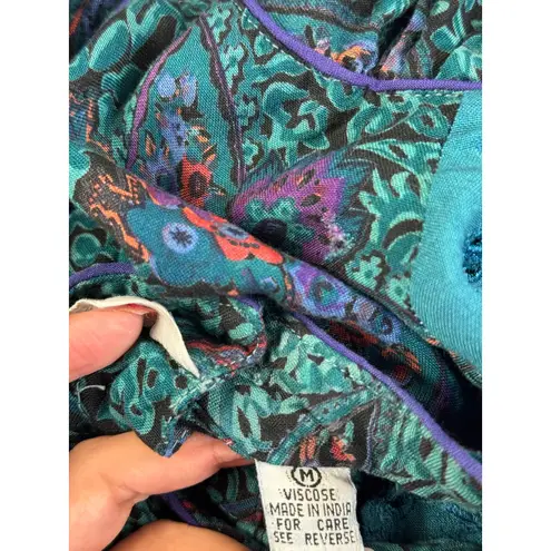 Vintage Phool Paisley Midi Dress Teal Purple Mock Neck Short Sleeve India M Green Size M