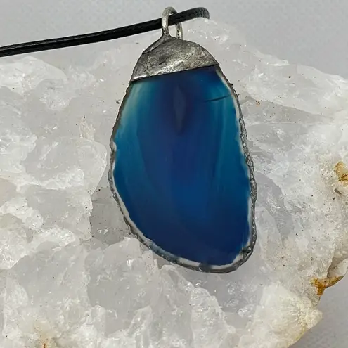 Brazilian Agate Slice Geode Pendant & Black Faux Leather Cord. Handmade