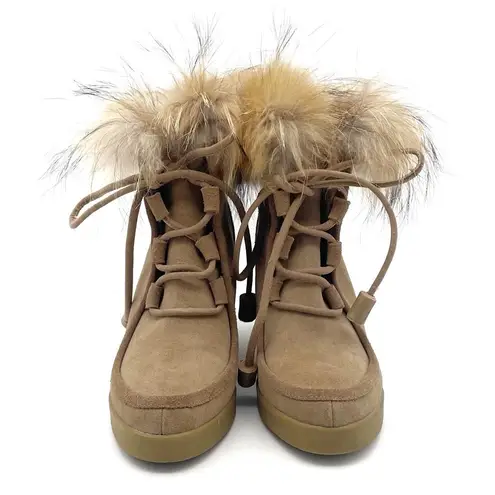 Cecelia New York Holly Wedge Bootie Chestnut Suede Fox Fur Lace Up Boot Size 9 Tan