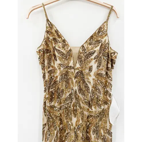 Mac Duggal 5107 Gold Beaded Embellished Leaf Evening Gown 14 NWT