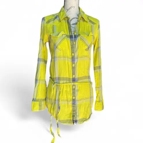 Nollie y2k Vibrant Yellow Plaid 100% Cotton Shirt with Tie Waist Skater