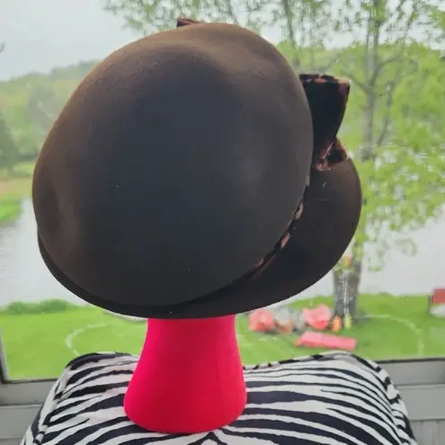 Vintage Wool Mushroom Hat With Leopard Velvet Bow Brown