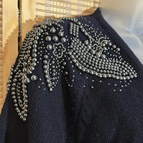 Darian Vintage 1990s Black Open Front Cardigan Sweater Silver Beading Medium