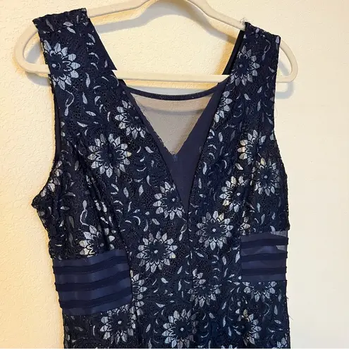 Enfocus Studio Navy and Silver Lace Formal Floor Length Dress