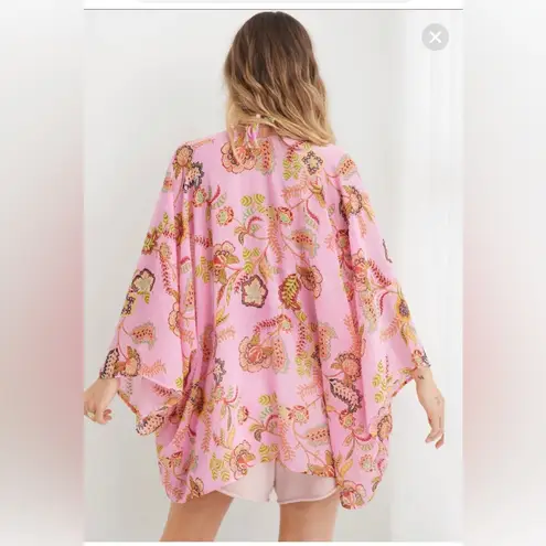 Aerie  Kimono Pink Tropics Chiffon Cropped Cape Swim Cover Up Boho Open Front