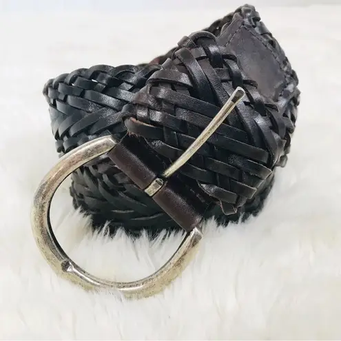 VINTAGE Wide Brown Braided Leather Belt Woven Silver Buckle 90s Y2K Size Large Brown