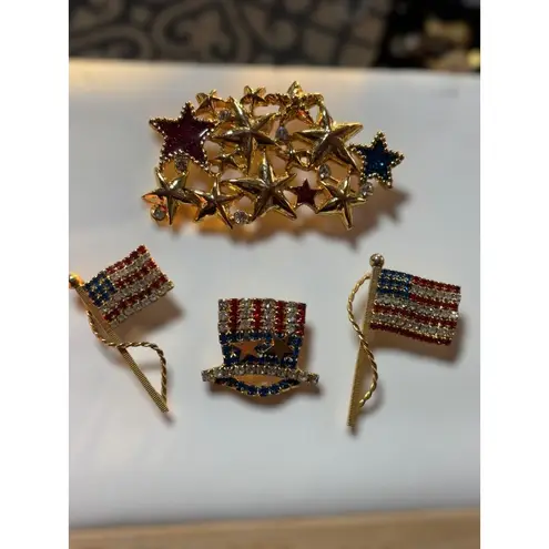 4 piece Patriotic Brooch Pin Set Collection With Stars & Stripes Design Red/Blue Red