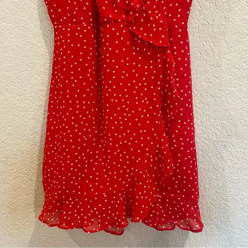 Bardot  x Revolve Red and White Polka Dot Ruffle Mini Faux Wrap Dress Tie Back