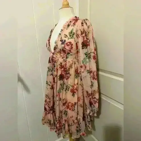 By Timo Pink Floral Long Sleeve Mini Dress Small Made in India Coquette Fairy