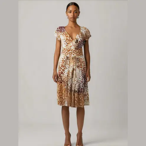 New V Cristina Dress Woman's Size Medium Leopard Print Faux Wrap Animal Print Brown