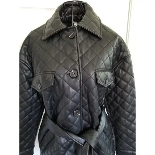 Topshop  Quinn Button Up Belted Faux Leather Quilted Black Jacket Womens Size 6