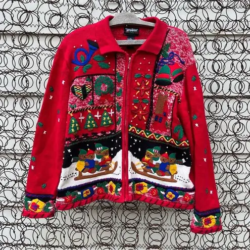 Vintage 90s Ugly Christmas sweater cardigan sledding teddy bears Americana bold Red Size L