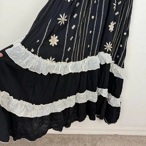 Zury Black White Embroidered Boho Maxi Dress Festival Peasant Tiered Flowy Size M