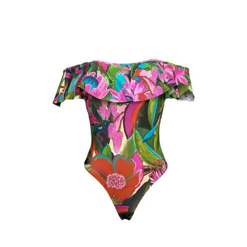 Farm Rio Jardin De Reve Off-Shoulder Ruffle One Piece Swim, Green, Medium