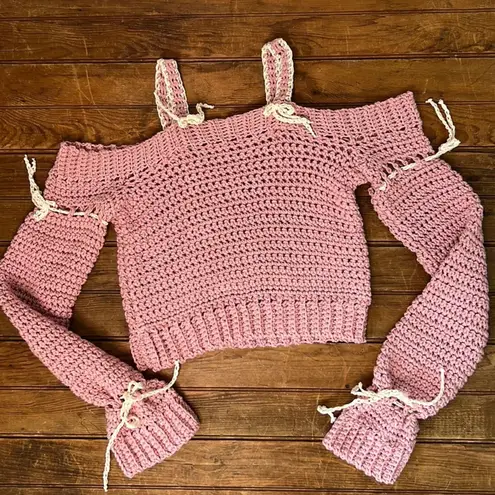 Women’s Handmade Crochet long sleeve off shoulder cropped cotton pink sweater