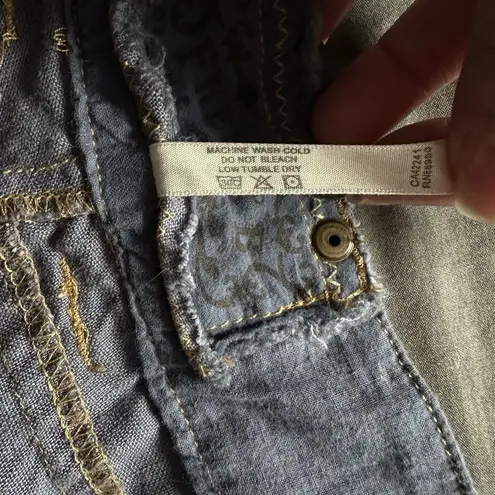 Freddy B 33 100% Linen Safari Capri Pants L Blue Utility Y2K Boho Button Fly Size L