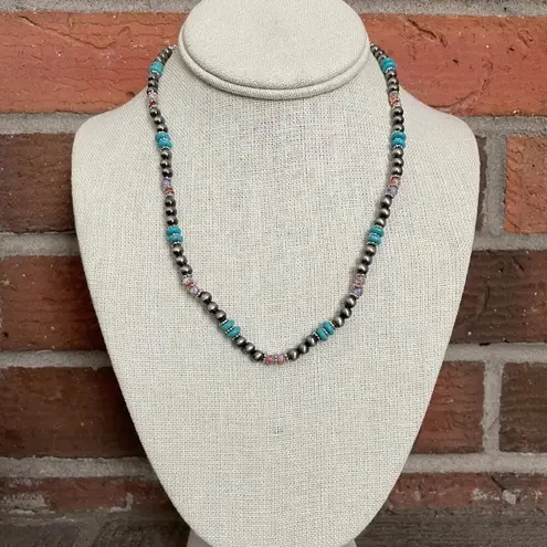 Navajo Style Pearl Necklace with Turquoise and Orange Blue