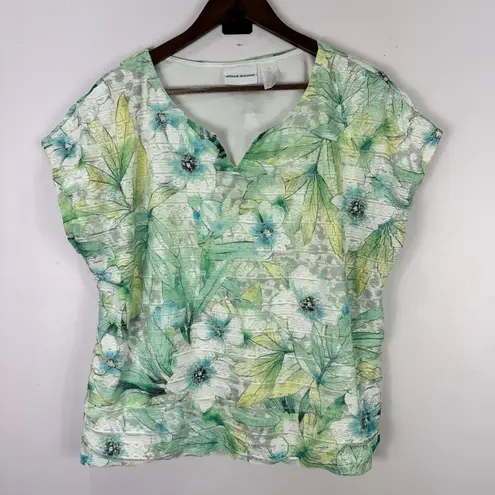 Alfred Dunner Top Womens XL Green Blue Floral Print Garden Party Cottage Fairy