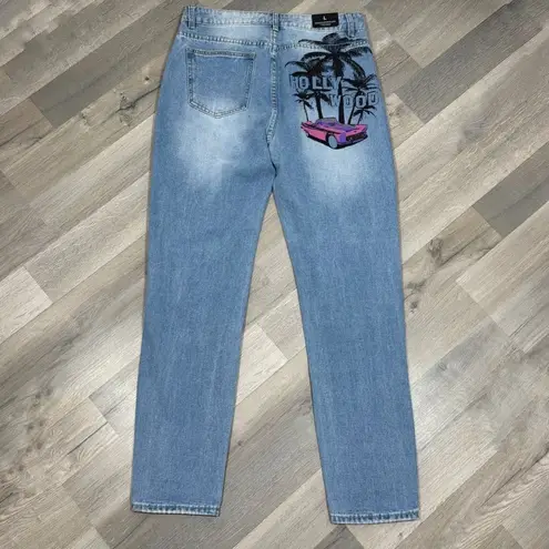 American Bazi Hollywood Graffiti Distressed Boyfriend Jeans Blue Large
