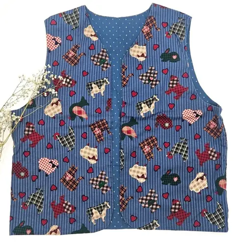 Vintage 90s Farm Animal Print Vest | Country Cottagecore Quilted Waistcoat Blue Size L