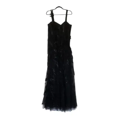 Teri Jon By Rickie Freeman Black Metallic Tiered Sleeveless Gown Size 14 NWT