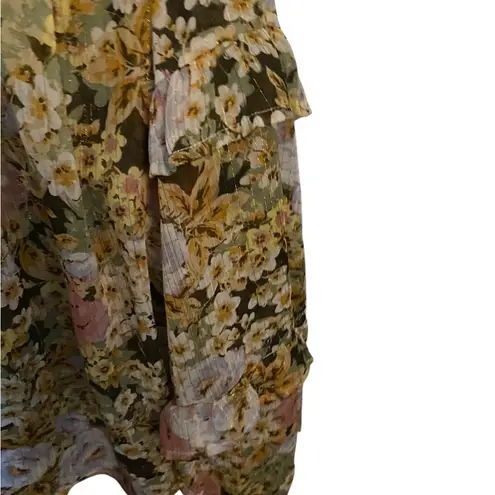 En Creme sheer floral pink gold Fairy ruffle long sleeve tie front blouse boho Size L