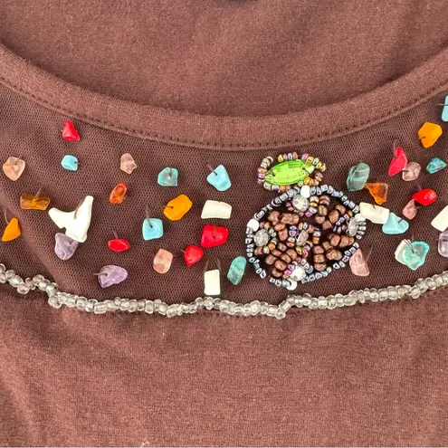 Cable & Gauge Brown Beaded Southwestern Boho Tank Top by Pleated Straps