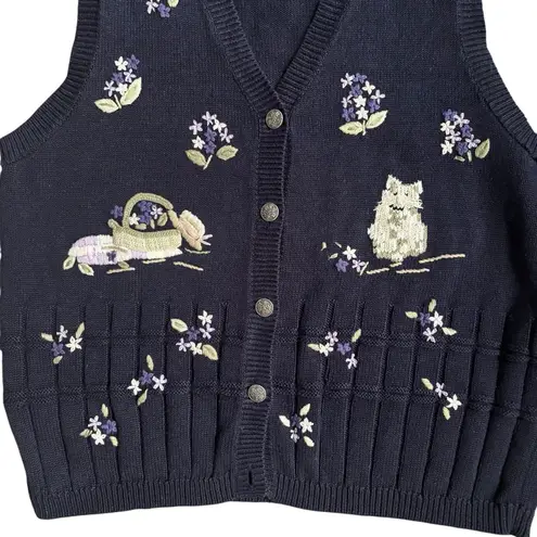 Northern Reflections Vintage Navy Embroidered Floral Knit Kitty Sweater Vest Lg