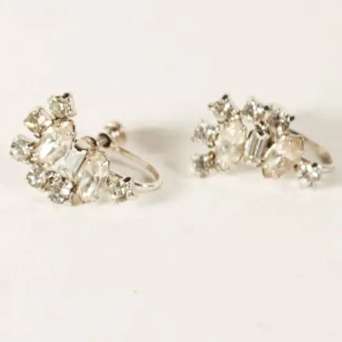 None Vintage 1960s Rhinestone Silver Tone Costume Earrings Bridal Wedding Bride Event