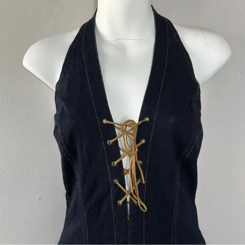 Cello  Authentic Jeans USA Vintage Halter Lace Up Flare Denim Jumpsuit