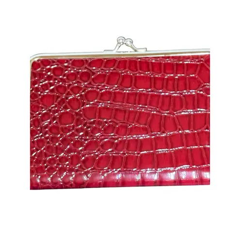 Vintage Red Faux Crocodile Clasp Wallet Card Holder Retro Kiss Lock Purse