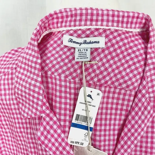 Tommy Bahama  Pink Linen Shirt Tie Front Sleeveless Gingham Way Camp Shirt Sz XL