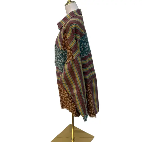 Oli & Hali Button Up Shirt XL Brown Striped Patchwork Slouchy Daisy Boho Gypsy