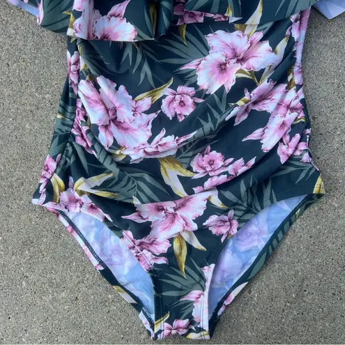 Kona Sol Double Ruffle Green Pink Tropical One Piece Swimsuit SMALL