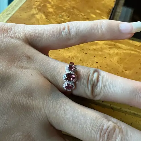 Natural Rubellite Moissanite Sterling Silver Trilogy Ring Size 6 Pink