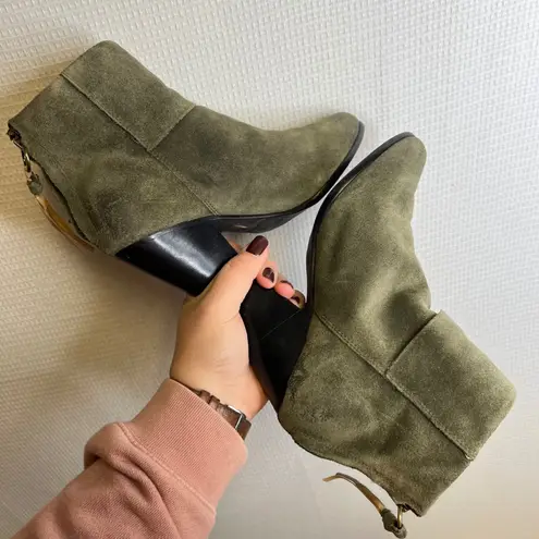 Ash Suede Fringe Ankle Boots Khaki Block Heel Zip Back Women's Size 36