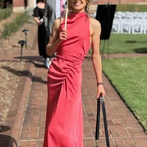 ALC Frank A.L.C. Coral Satin Halter Gown Size 6 Cocktail Asymmetric Ruched Midi Dress $500