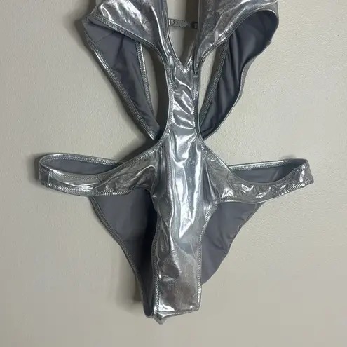 SKIMS metallic swim halter monokini in nickel swimsuit one piece 2X